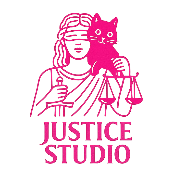 Justice studio logo of lady justice with a cat
